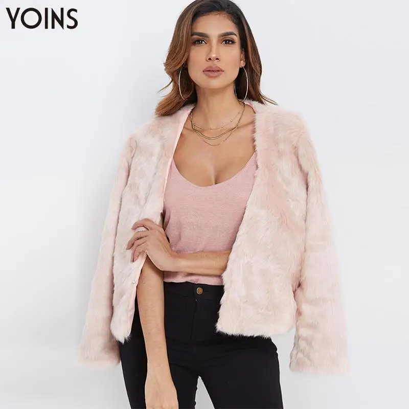 

YONIS 2019 Autumn Winter Women Faux Fur Coat Open Front Pink Long Sleeve Jackets Warm Casual Elegant Artificial Fur Short Coats