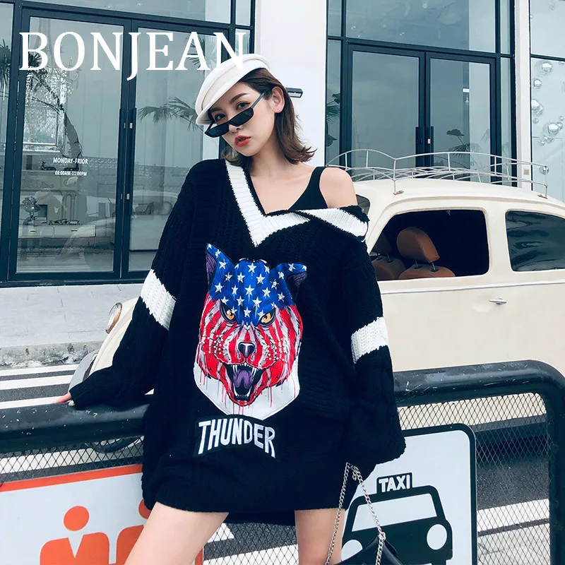Bonjean свитера с животным узором для женщин осенняя одежда черные вязаные свитера с длинными рукавами и пуловеры Свободный Топ BJ1788