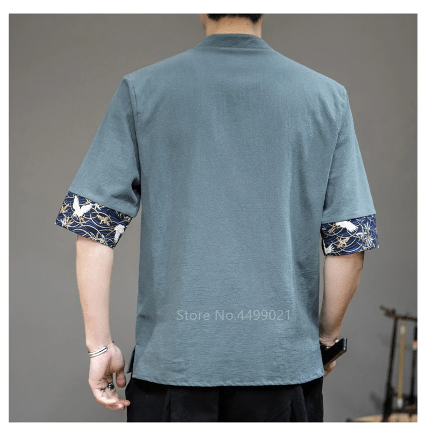 Chinese Traditional Linen Clothes Summer Men Crane Embroidery Print Patchwork Harajuku Asian Fashion Casual Streetwear Top Shirt