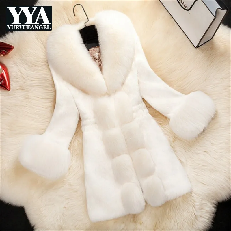 Качественное Женское зимнее меховое пальто из искусственного лисьего меха три четверти рукав v-образный вырез тонкий женский Средний