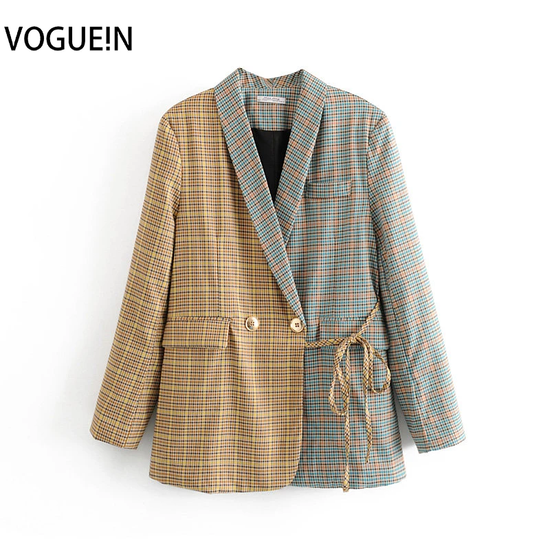 VOGUEIN новая женская мода контактный цвет плед печати галстук длинный рукав Блейзер костюм верхняя одежда оптом
