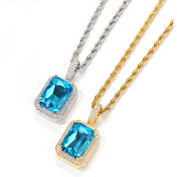 

Iced cubic zirconia gem necklace pendant hip hop jewelry shiny colorful square gem lady necklace pendant