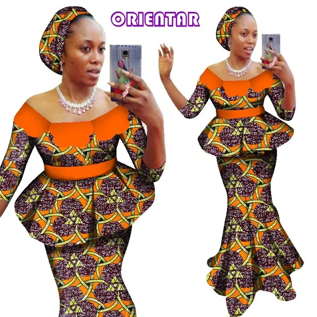 Костюм в африканском стиле для женщин, короткий рукав, Дашики, топы и длинная юбка, комплект с платком для девушек, африканская одежда 6XL, 2 штуки, WY2838 - Цвет: 9