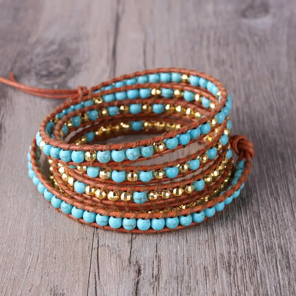

KELITCH Exquisite Graduated Beads Gold Beaded 5 Strands Weave Leather Wrap Bracelet Multi Layered Vintage Bracelet Gifts