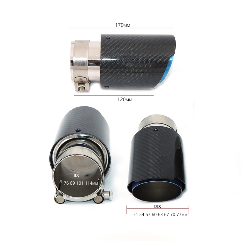 1pcs exhaust pipe modified carbon fiber twill bright material exhaust tail throat 304 roasted blue 170mm length tail mouth DZ012