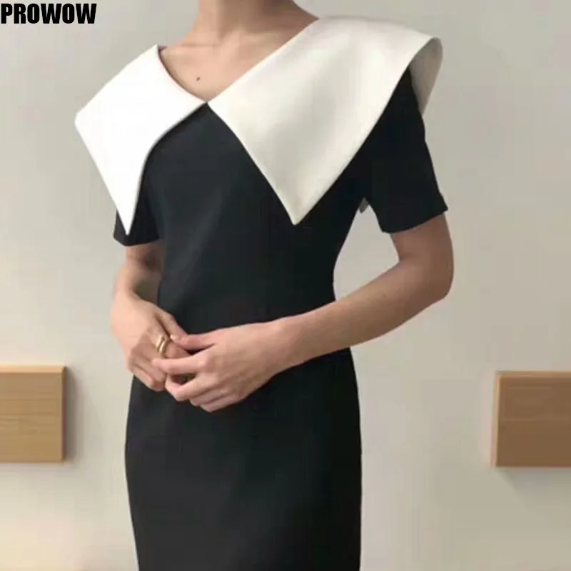 

2020 Summer Women Elegant Office Dress Korean Party Black And White Big Turn-Down Collar Midi Dress Vestido Festa