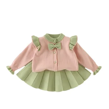 

DFXD 1-5Year Baby Clothing Sets High Quality Autumn Kids Ruffles Button Cardigan Sweater+Pleated Skirt 2PC Girls Skirt Sets