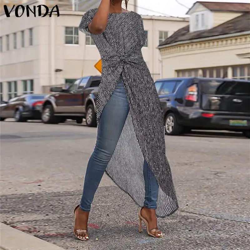 VONDA, Женская ассиметричная блузка, сексуальные, с разрезом, в полоску, вечерние, топы, длинные, для девушек, офисные рубашки,, Летняя туника размера плюс, Blusas