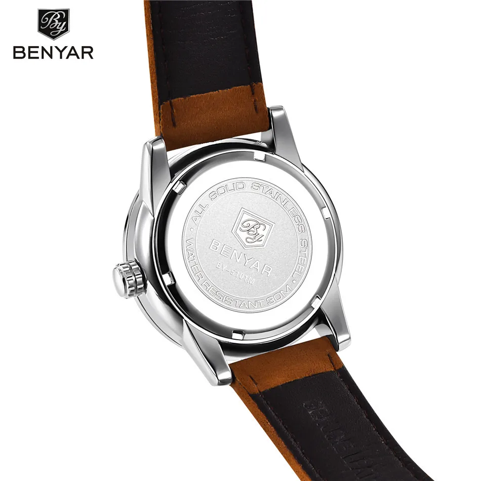 BENYAR бренд кожаный коричневый ремешок белые циферблаты часы мужские Топ Роскошные Кварцевые водонепроницаемые мужские часы Дата Relogio Masculino+ коробка+ подарок