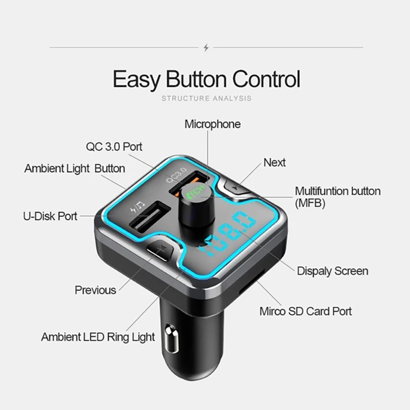 Bluetooth 5,0 QC 3,0 fm-передатчик для автомобильного беспроводного передатчика радиоприемник адаптер с двойным usb тип-c зарядным накопителем TF