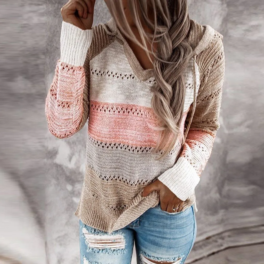 New Women Sweatshirt 2021 Knitted Hoodies Casual Patchwork V-neck Long Sleeves Hooded Blusas Tops Streewear #SRN |