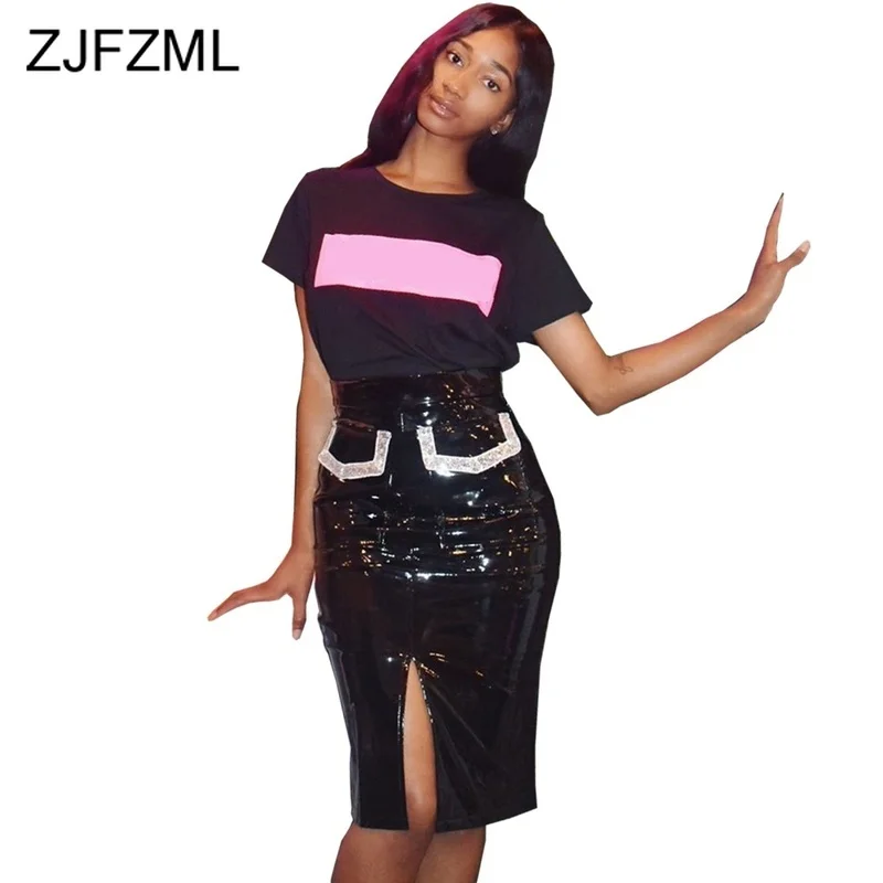 Sexy Club Bling Bling Sequin Skirt Women High Waist Side Pockets Skinny Black Skirts Plus Size Front Split Midi Bandage Skirt