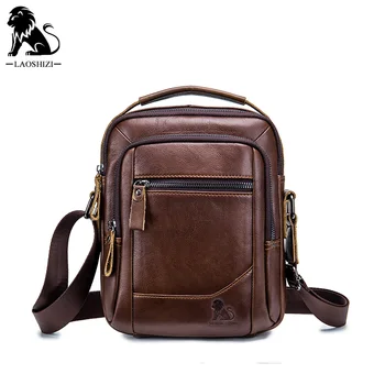 

LAOSHIZI men's Genuine Cow Leather Messenger Bags Men Flap Casual Solid Handbags Multi-pocket Small Male Shoulder Crossbody Bag