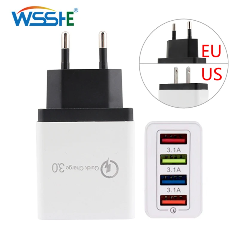 

5V 3.1A US/EU plug 4 ports USB Charger for Mobile Phone Quick Charge 3.0 Fast Charging Universal Phone Charger Travel 5 Colors