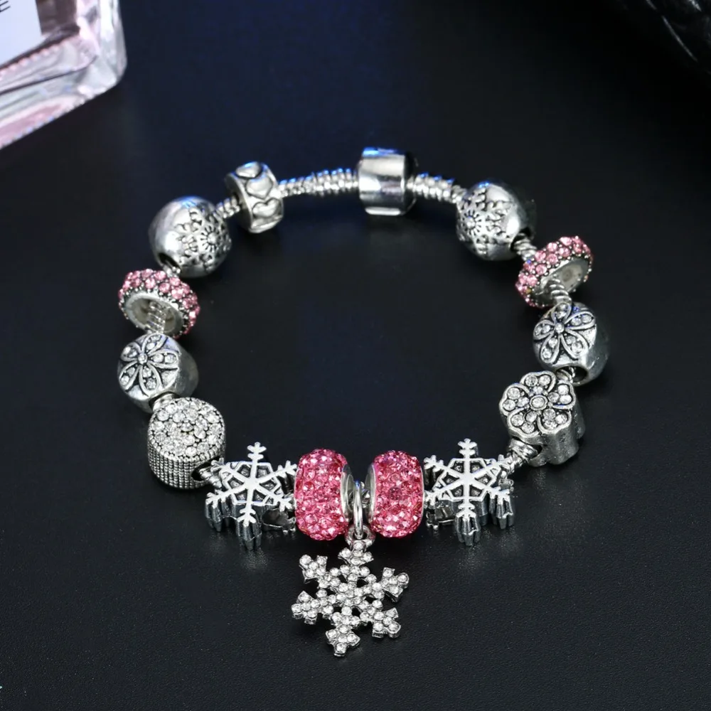 Attrtto Рождественский подарок серебряные браслеты со снежинками для женщин Хрустальный браслет очаровательные ювелирные изделия Цветочные браслеты женские SBR190515