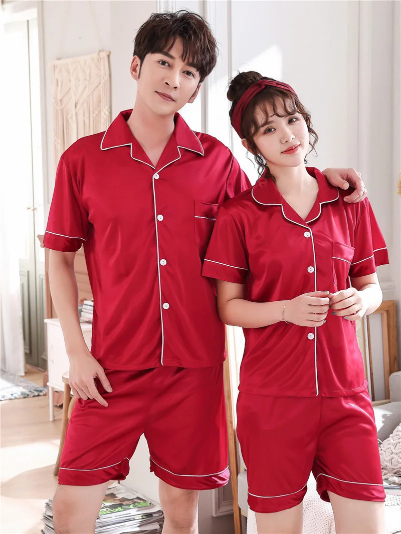 Пижама Ман и Для женщин пара пижамный комплект летние шорты с длинными рукавами Пижамный набор из шелка комплект пижама из шелка дома гостиной сексуальные пижамы