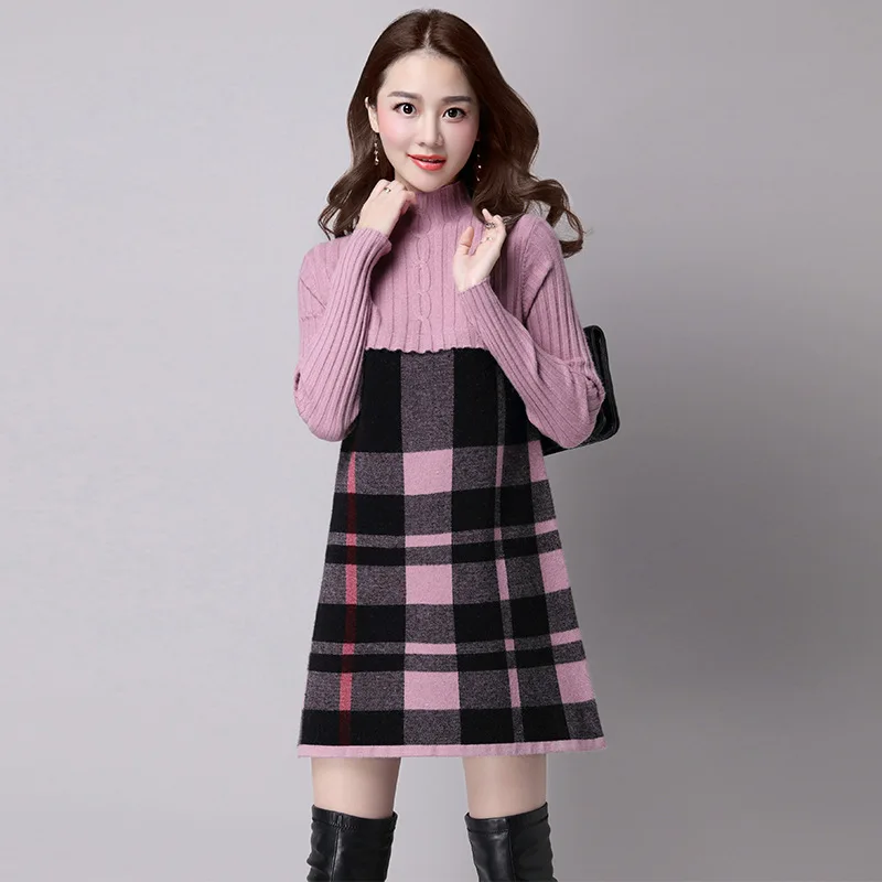 

Fall And Winter Clothes New Style Medium-length Stand Collar Vertical Stripe Linen Flower Color Plaid Hem Joint Pullover Knittin
