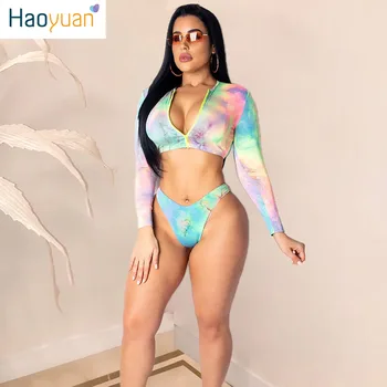

HAOYUAN Sexy Two Piece Set Women 2020 Summer Clother Bathing Suit Tie Dye Crop Top Panties Bodycon Beach Outfits Matching Sets