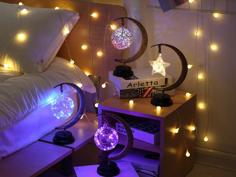 Luzes de Natal Lâmpada Estrelas Rattan Bola Crianças Presente Aniversário Artesanal Corda Cânhamo Usb Ferro Forjado Noite Led Lua Luz 2 Lâmpada led estrelas lua luz rattan bola