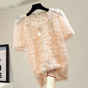 

Pink Lace T Shirt for Women Sequins Shirts Ins Summer Loose Shirts Lady's Tops Temperament Beaded Diamond Short-Sleeved T-Shirts