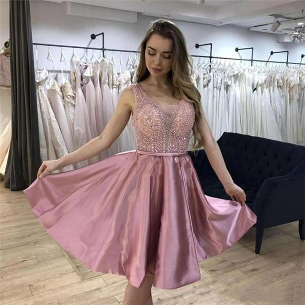 

2020 Short Homecoming Dresses A Line V Neck Beaded Satin Cocktail Party Dresses Knee Length Short Prom Dresses