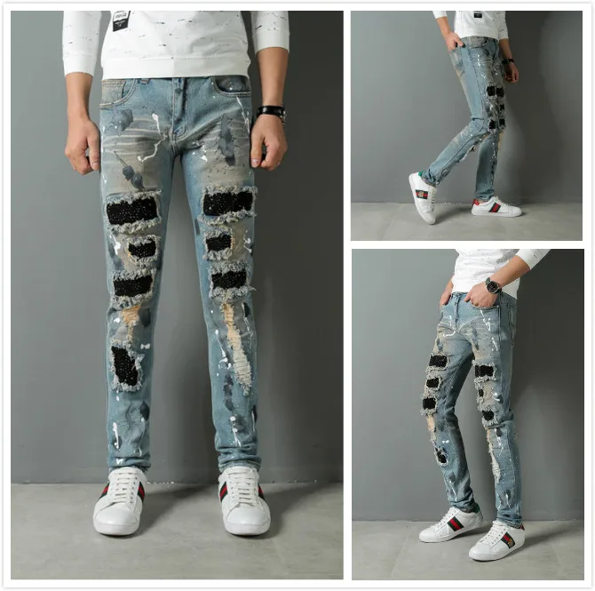 

Men's Korean Style Jeans Trend Men's Jeans Blue Old Paint Punk Wind High Street Hole Slim Feet Trousers