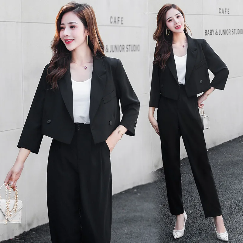 

2019 Autumn New Style Women's Elegant Slimming Short Coat Tops Two-Piece Set Wide-Leg Straight-Cut Casual Pants Set Fashion