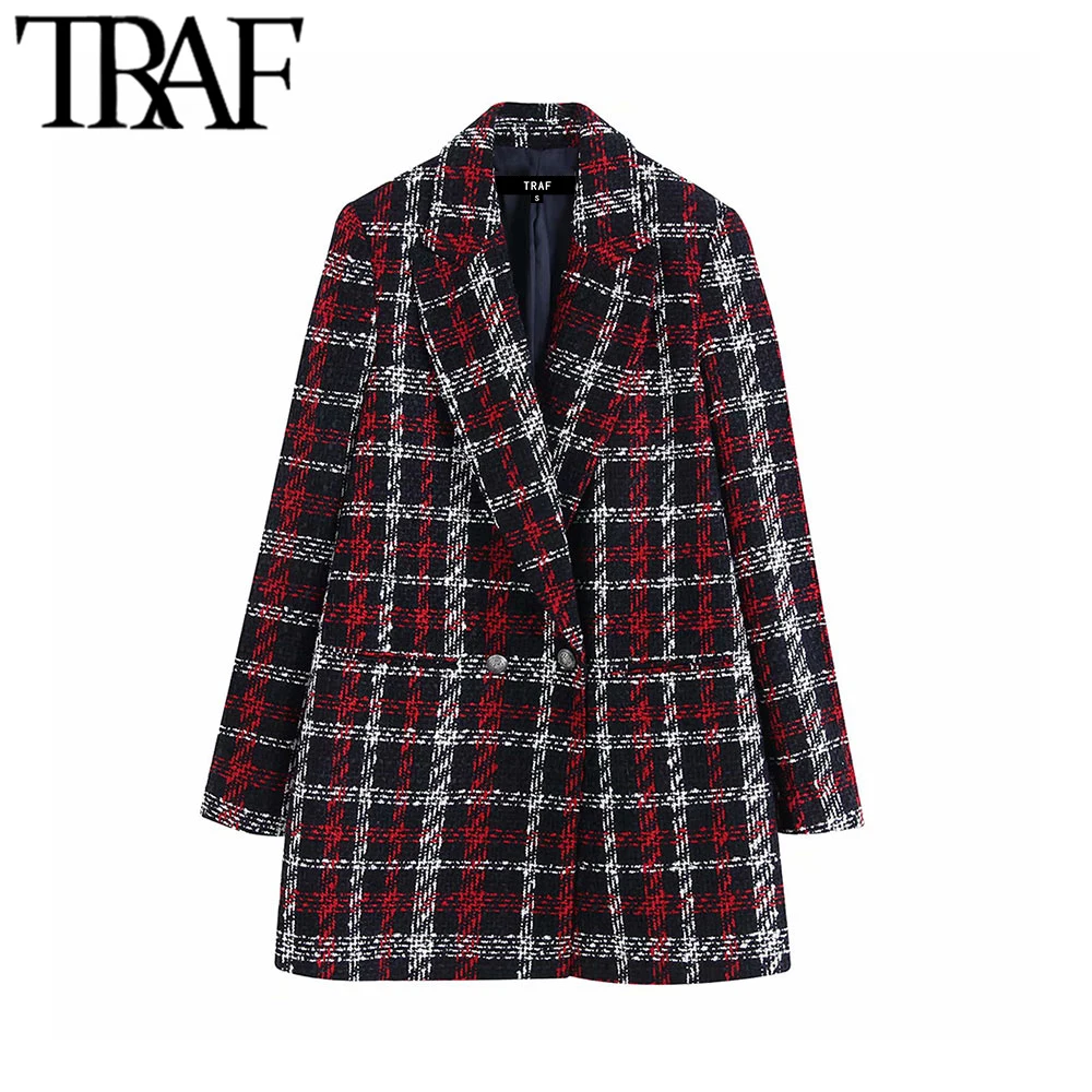 TRAF Women Office Lady Plaid Double Breasted Tweed Blazer Coat Vintage Fashion Long Sleeve Pockets Ladies Outerwear Chic Tops