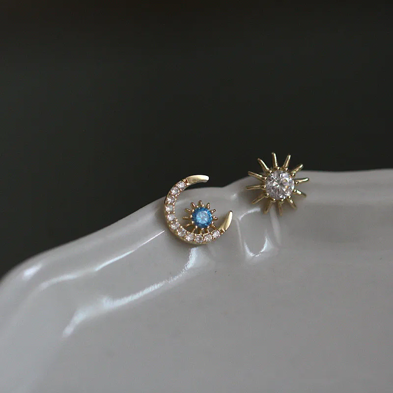 925 Sterling Silver Star Moon Stud Earrings Women 14k Gold Plating Inlaid Blue Crystal Temperament Elegant Goddess Jewelry Gift - Image 2