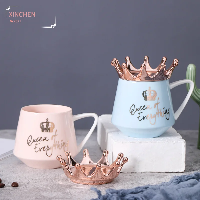 Coffee Mug Nordic Wind Pink Crown Cup Ins Spoon Creative Ceramic Water Milk for Breakfast Cups Cute Girl Gift | Дом и сад