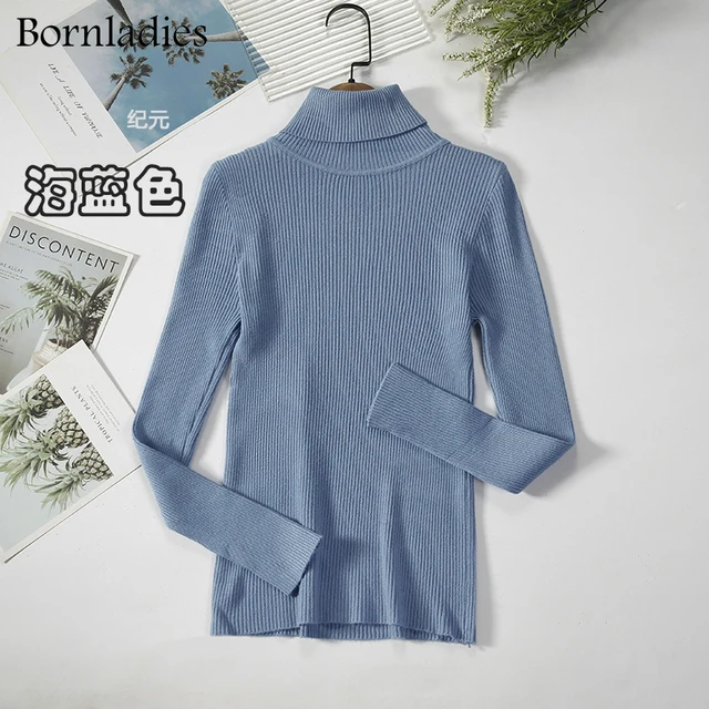 Bornladies 2021 Basic Turtleneck Women Sweaters Autumn Winter Tops Slim Women Pullover Knitted Sweater Jumper Soft Warm Pull Sea blue
