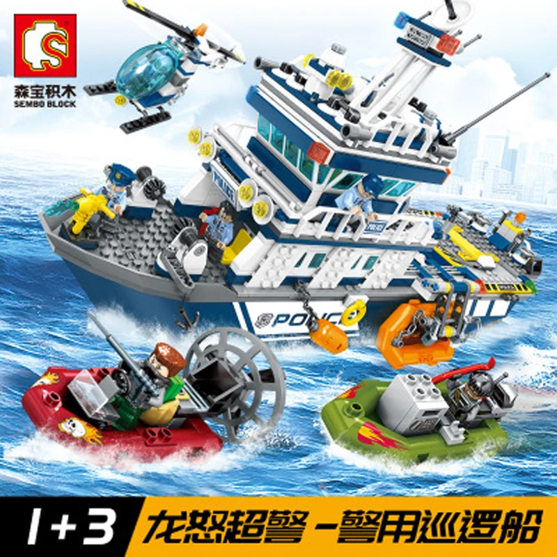 Sembo 979 блоки морские спасательные Детские сборочные игрушки корабль конструктор для мальчика маленькие частицы высокоскоростной Чейз совместимый подарок игрушки