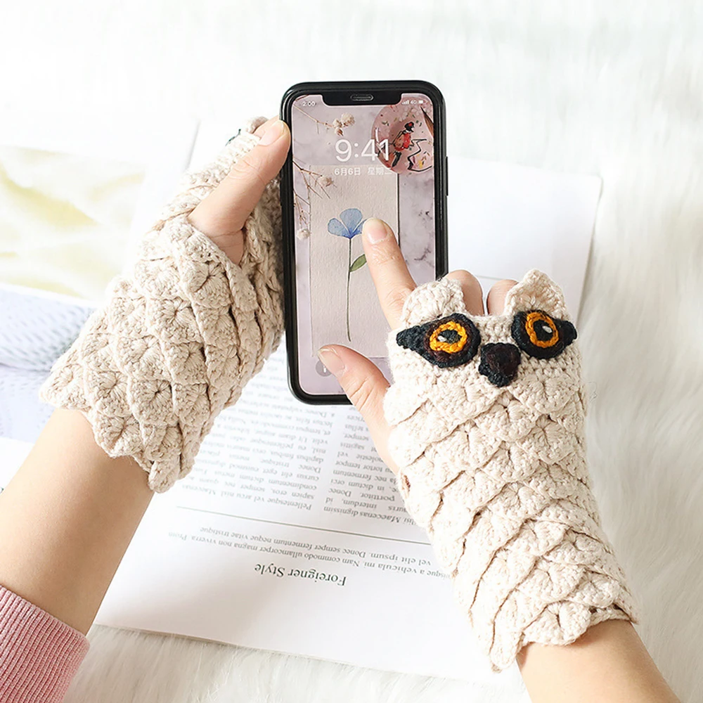 Gloves Female Winter Warm Knit Half Finger Wool Thickening Jacquard Korean Version Of The Finger Owl Cartoon Writing