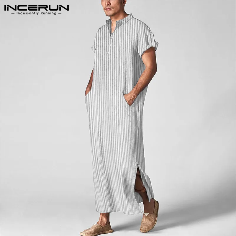 INCERUN Men Striped Jubba Thobe Men Islamic Arab Casual Short Sleeve Cotton Pockets Muslim Kaftan Robes Dubai Clothing S-5XL