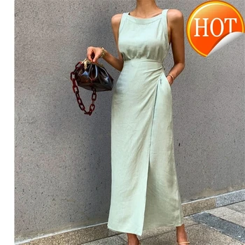 

Solid Summer Sleeveless Dress Women O Neck Off Shoulder High Waist Bandage Elegant Midi Dresses Female Fashion 2020 New
