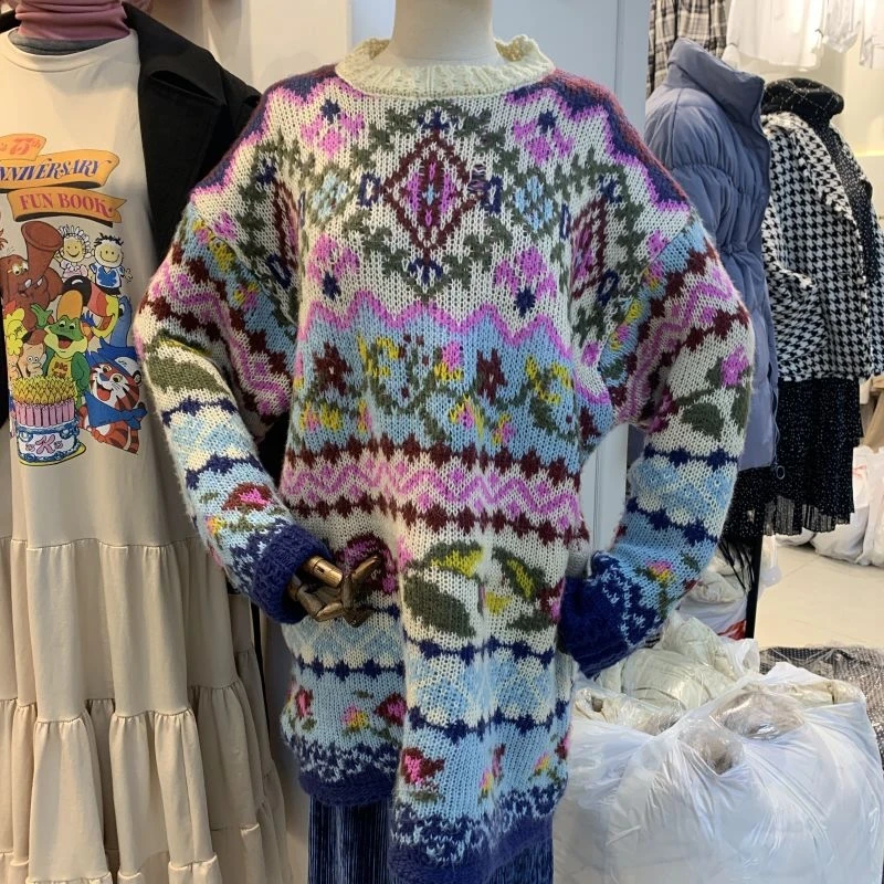 Women Sweater Color Block Jacquard Jumper Flower