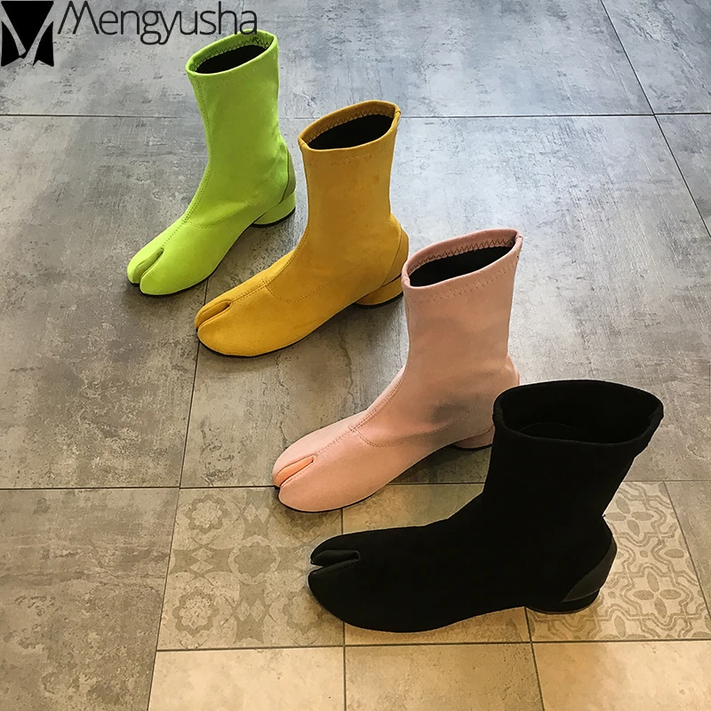 

Candy color split toe chelsea boots flock sewing tabi ninja martin botines mid-calf zip thick heels winter botas woman solid hot