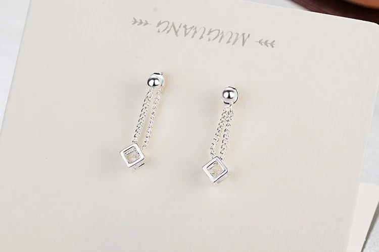 Simple Elegant 925 Sterling Silver Cube Love Window Zircon Tassel Sugar Drop Earrings For Women brincos oorbellen Best Gift