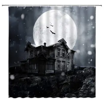 

Halloween Shower Curtain Night Cottage Bird Snowflake Moon Winter Holiday Bathroom Curtains Decor Polyester Fabric Quick Drying