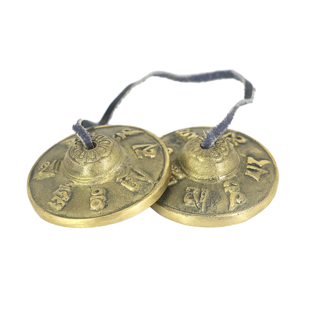 Exquisite 1 Pair Brass Carved om mani padme hum Cymbal Chinese Gong Tibetan Meditation Tingsha
