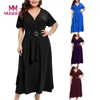 

Solid dress women summer plus size Short Sleeve V-Neck luxury dress woman 2019 Sashes Bandage ladies dresses large sizes#G9
