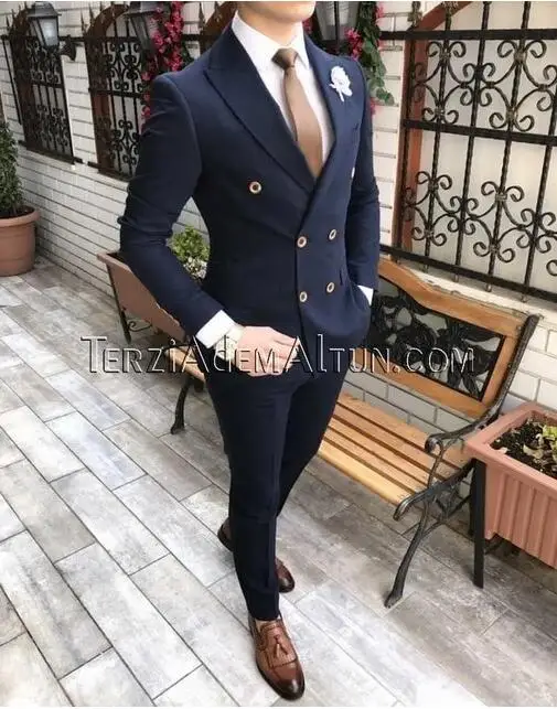 Мужские костюмы Slim Fit модный костюм двубортный заостренный лацкан темно-синий черный свадебный костюм жениха на выпускной