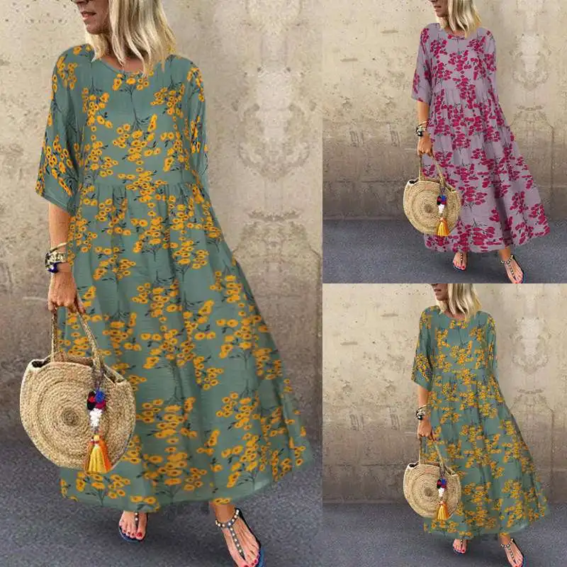 Плюс размер женское летнее платье с принтом ZANZEA повседневное цветочный сарафан с коротким рукавом макси Vestidos женское плиссированное платье Femme 5XL