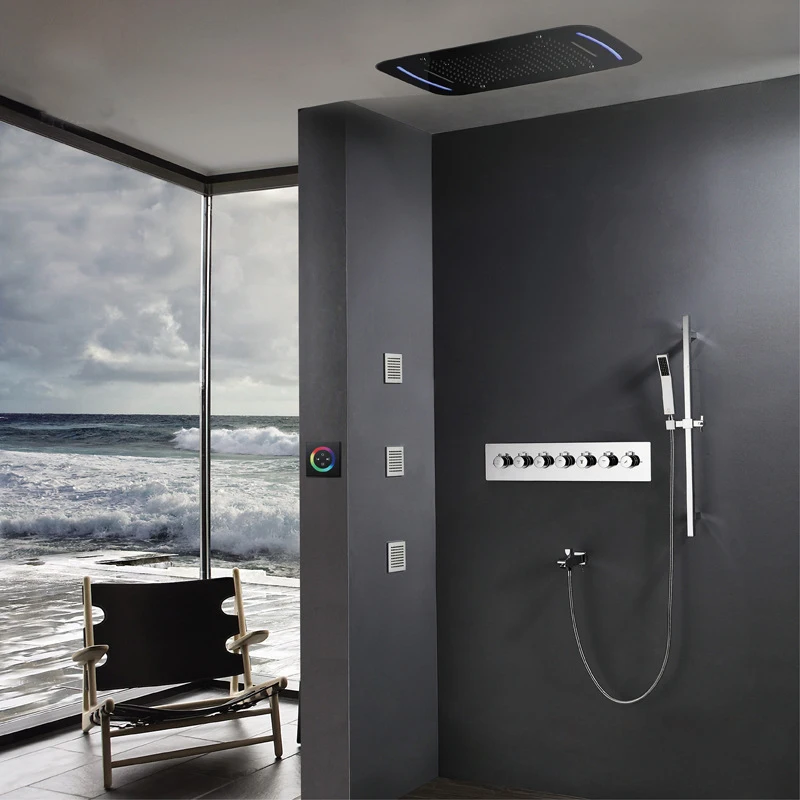 Термостатический смесительный клапан с сенсорным экраном Светодиодный светильник Rianfall душевая головка водопад ванная душевая кабина 71X43 см туманный душ