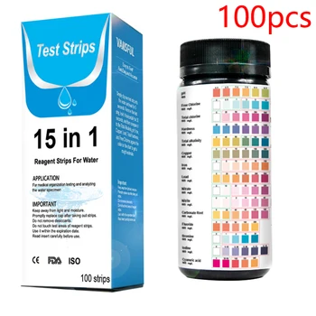 

100PCS 15 In 1 Water Test Strips Kit Home Drinking Water Pool Quality Test Material PET Iodine Cyanuric Acid Swimming Rapid Test