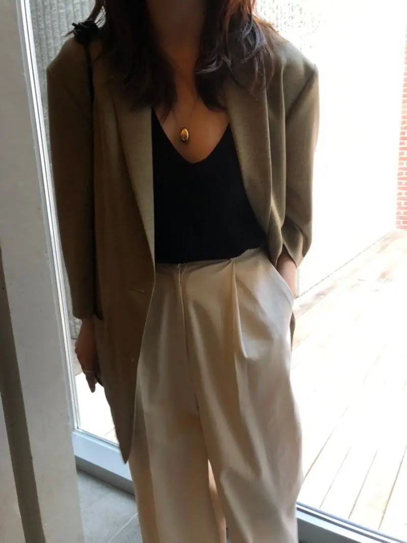 South Korea INS Retro Simple Normcore Style Greyish Green Suit Jacket
