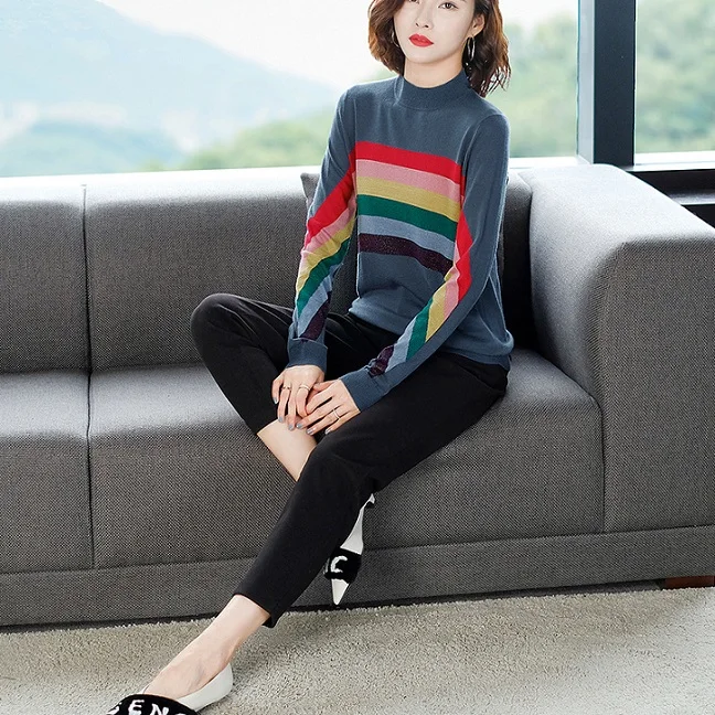 Blue Autumn Women Christmas Sweater O-neck Rainbow Stripes Loose Pullovers Korean Chic Knitted Jumpers Harajuku Winter Clothes - Color: Blue