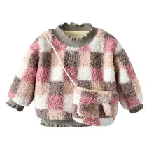 Новые свитера для маленьких девочек; плюшевая в клетку; Повседневный модный детский свитер с длинными рукавами и круглым вырезом