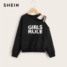 SHEIN Kiddie/черный пуловер на одно плечо с буквенным принтом и ремешком; детские топы; коллекция года; Осенняя детская повседневная толстовка с длинными рукавами