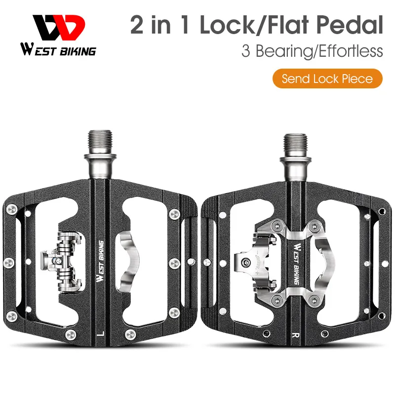 

WEST BIKING Bicycle Pedal 3 Bearings SPD Self-Locking Bike Flat Pedal Alloy Aluminum Lock Pedals Sealed Bearing Bike SPD Pedal